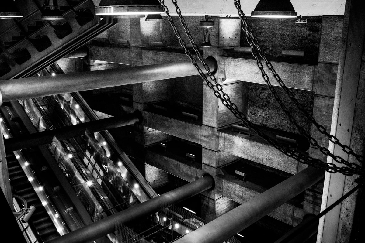 Black and white shot of Westminster tube station looking industrial